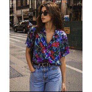 Vintage 90s 100% Silk Floral Shirt Womens Colorful Bold Button Up Blouse Sz S